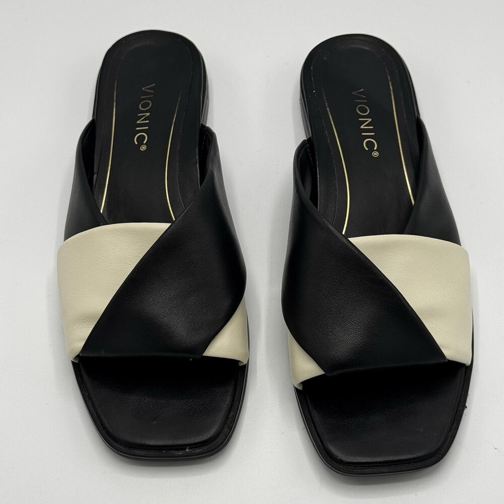 Vionic Womens 8.5 Miramar Black & White Leather Slip-On Sandals Comfort Slides
